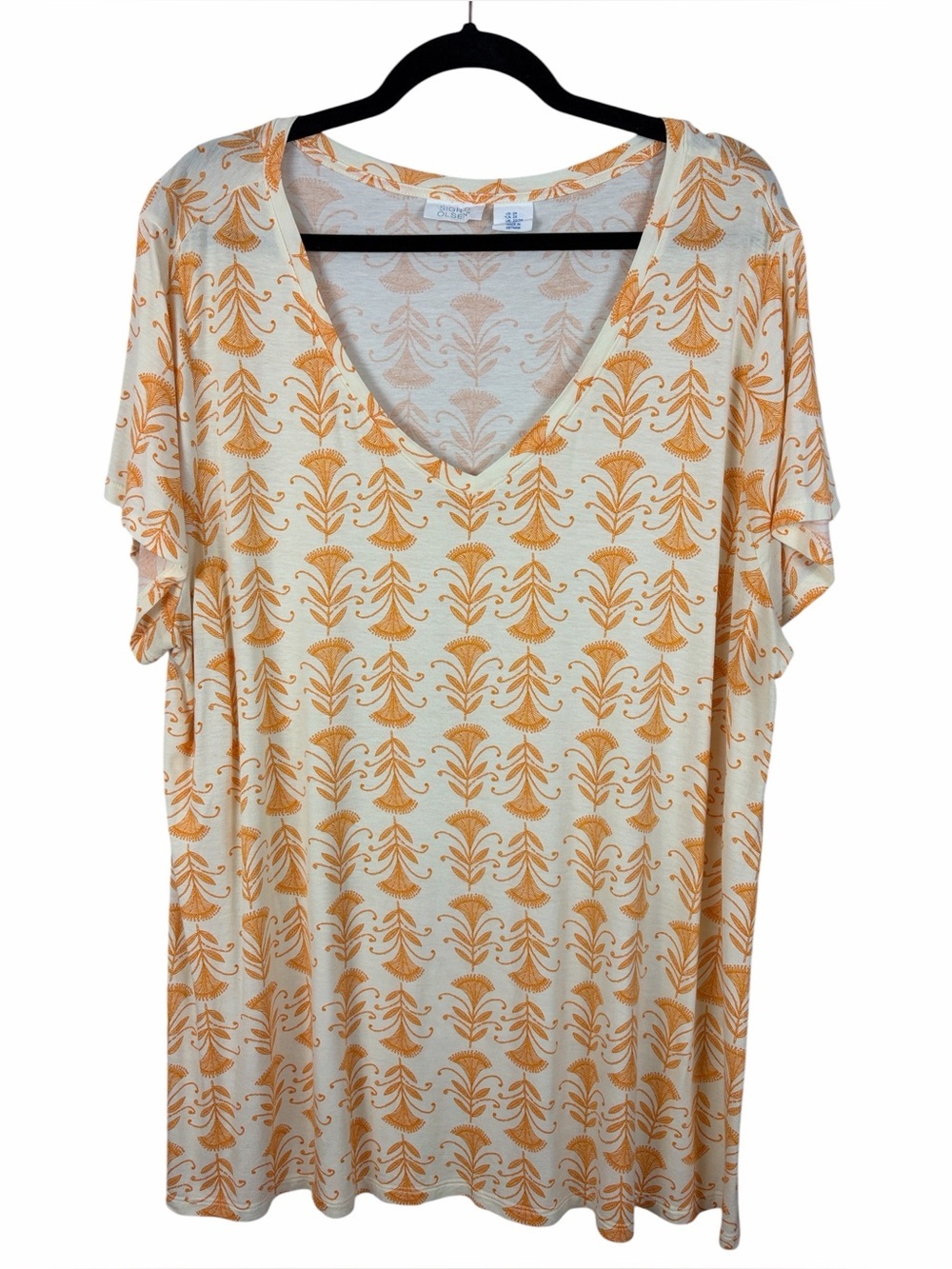 Sigrid Olsen Boho Floral Print V-Neck Top 2X Orange Cream Stretch Tunic
